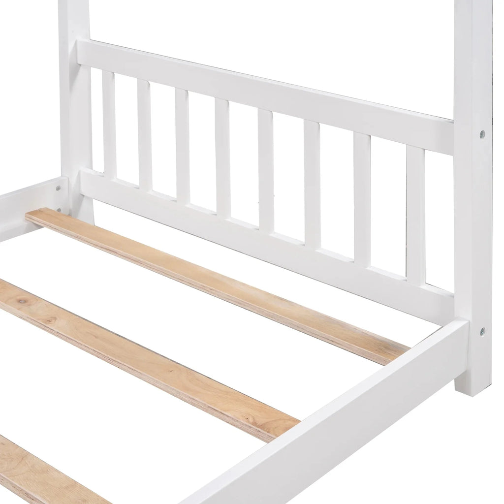 Twin Size White House Platform Bed with Roof Design Headboard and Footboard, Kids Bedroom Furniture