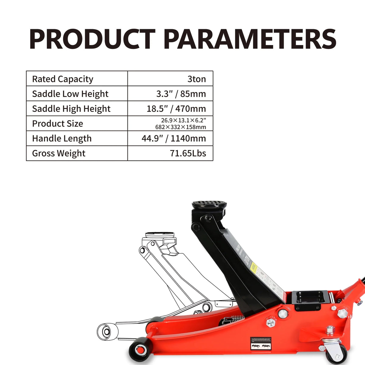DSstyles 3 Ton Hydraulic Floor Jack Dual Pump 6600 Lb Capacity Lifting Range 3.3-18.5 Low Profile Service Jack for Quickly Car Lift