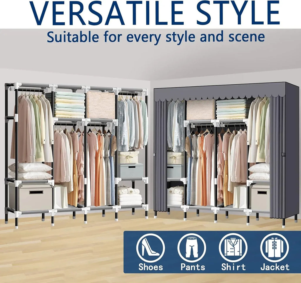 Portable Closet, 67 Inch Wardrobe Closet for Hanging Clothes with 4 Hanging Rods, 25mm Steel Tube Clothes Storage Organizer for Extra Sturdy, Quick and Easy to Assembly, Gray Cover