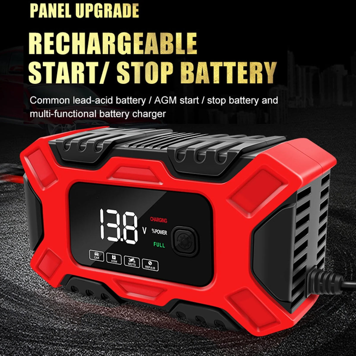 KUNyu 12V Car Battery Charger Automatic Large Screen LCD Display High Precision Intelligent Detection Pulse Repair Multiple Mode Smart Fast Charge Auto Motorcycle Battery Charger Car Accessories