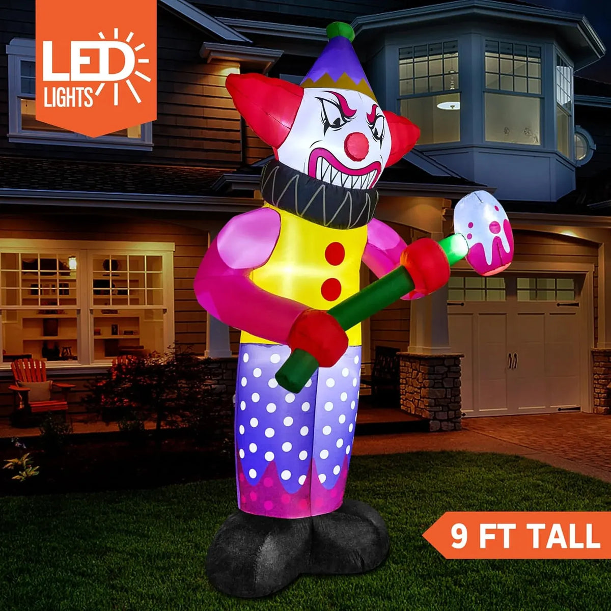 Joiedomi 9 FT Tall Halloween Inflatables Outdoor Decoration, Blow Up Yard Decorations, Giant Inflatable Clown with Hammer with LEDs for Scary Halloween Decor