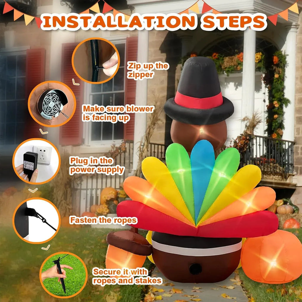 6FT Thanksgiving Inflatables Turkey Blow Up with Built-in Led Lights for Outdoor Holiday Yard Lawn Air-Blown Decorations
