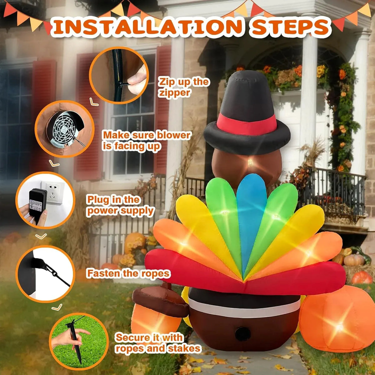 6FT Thanksgiving Inflatables Turkey Blow Up with Built-in Led Lights for Outdoor Holiday Yard Lawn Air-Blown Decorations