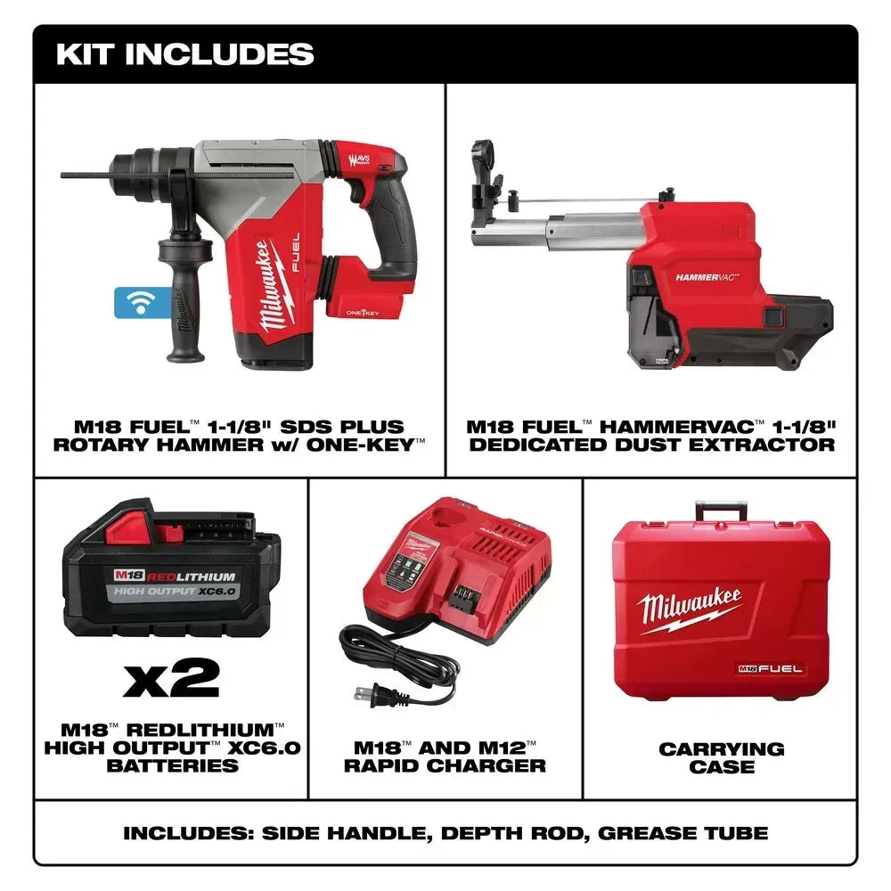 Milwaukee 2915-22DE M18 FUEL 18V 1-1/8 SDS Plus Rotary Hammer HAMMERVAC Kit