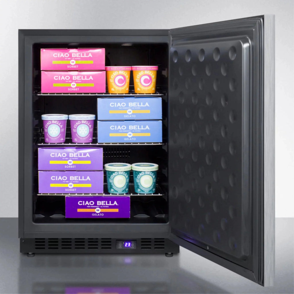Frost-free built-in undercounter all-freezer for residential or commercial use, with stainless steel wrapped exterior and horizontal handle