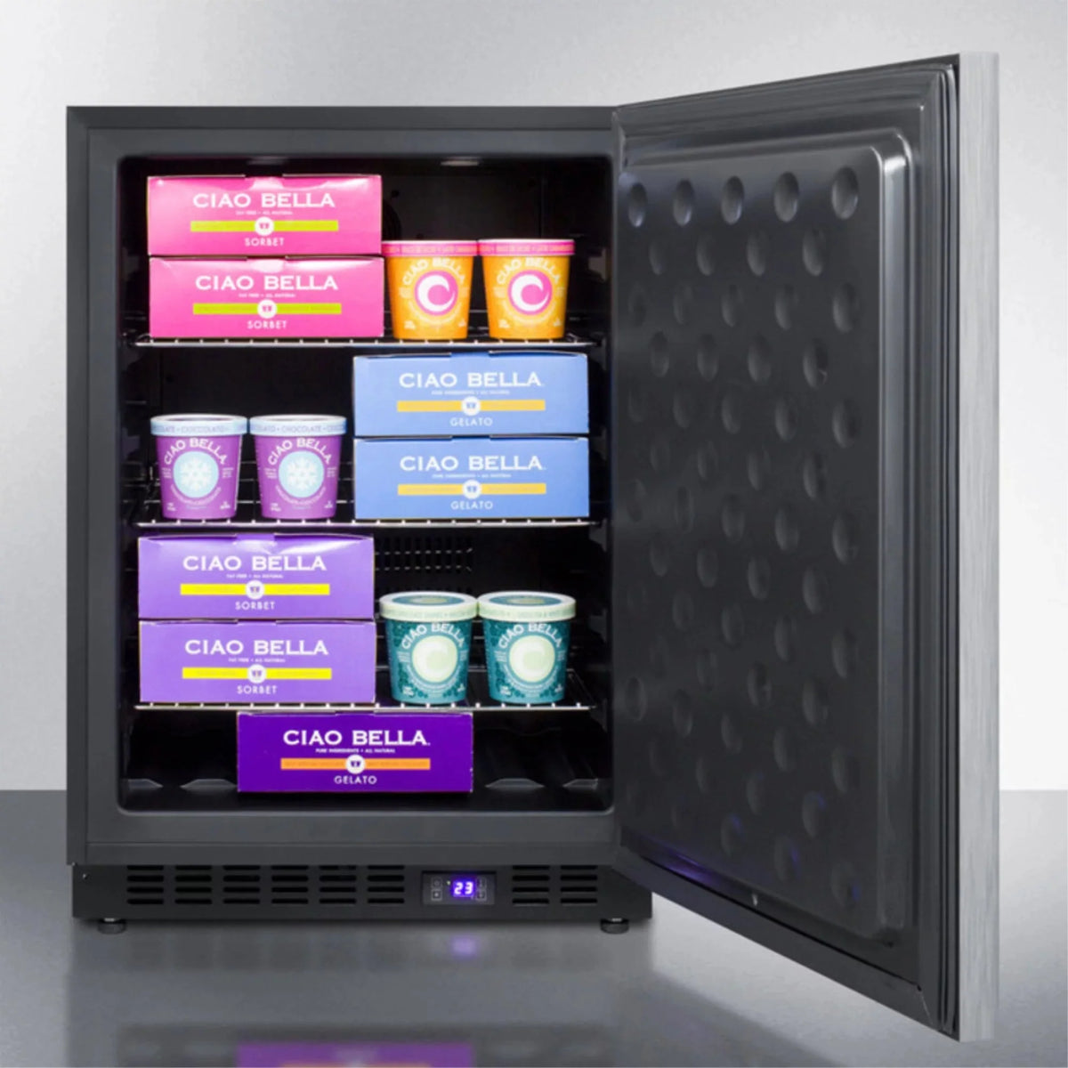 Frost-free built-in undercounter all-freezer for residential or commercial use, with stainless steel wrapped exterior and horizontal handle