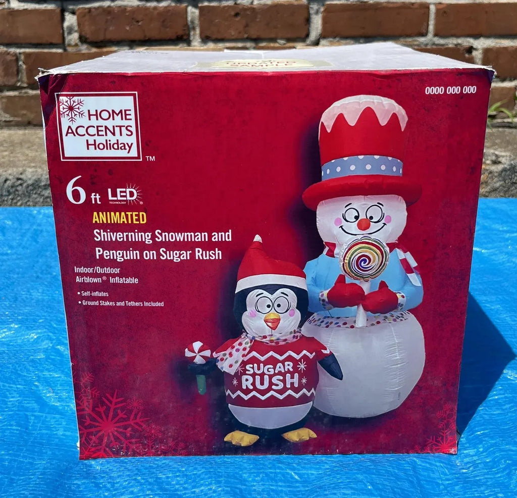 6 ft. LED Animated Shiverning Snowman and Penguin on Sugar Rush Inflatable