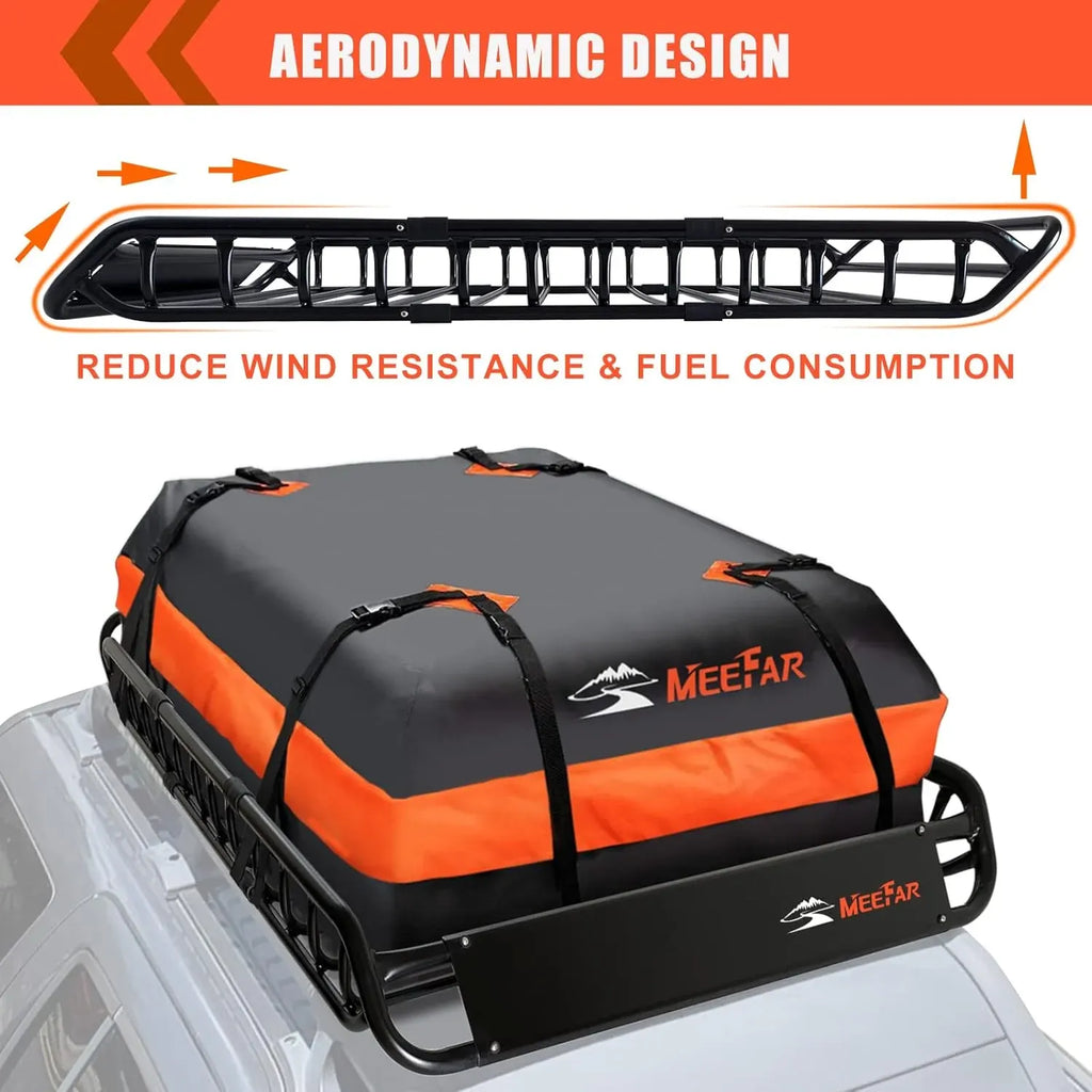 MeeFar Roof Rack Carrier Basket Universal Rooftop 51 X 36 X 5 + Waterproof Bag 15 Cubic Feet (44 34 17), and Cargo Net with Attachment Hooks, Ratchet Straps