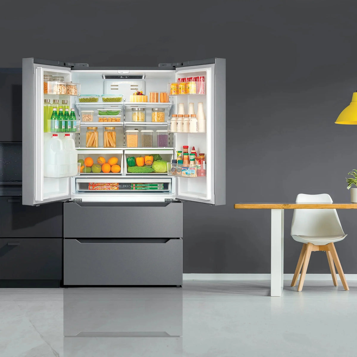 Cosmo 4 Piece Kitchen Appliance Packages with 30 Freestanding Electric Range 30 Wall Mount Hood 24 Built-in Integrated Dishwasher & French Door Refrigerator Kitchen Appliance Bundles