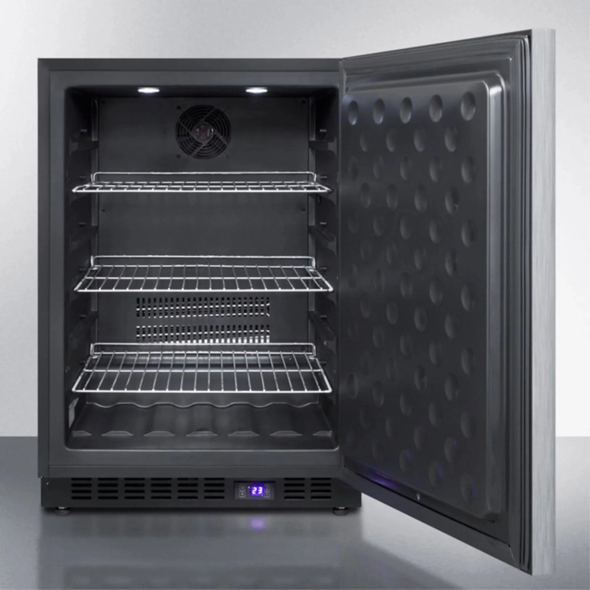 Frost-free built-in undercounter all-freezer for residential or commercial use, with stainless steel wrapped exterior and horizontal handle