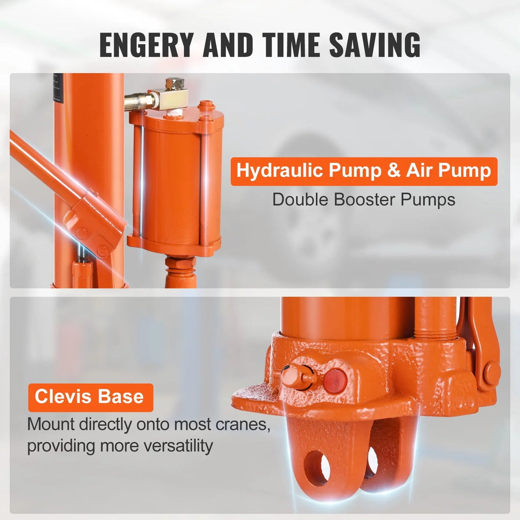 BENTISM Hydraulic Long Ram Jack, 8 Ton Engine Hoist Cylinder with Air Pump and Single Piston Pump, Hydraulic Ram Cylinder Clevis Base for Engine Lift Hoists, Garage/Shop Cranes, Mechanical, Farm