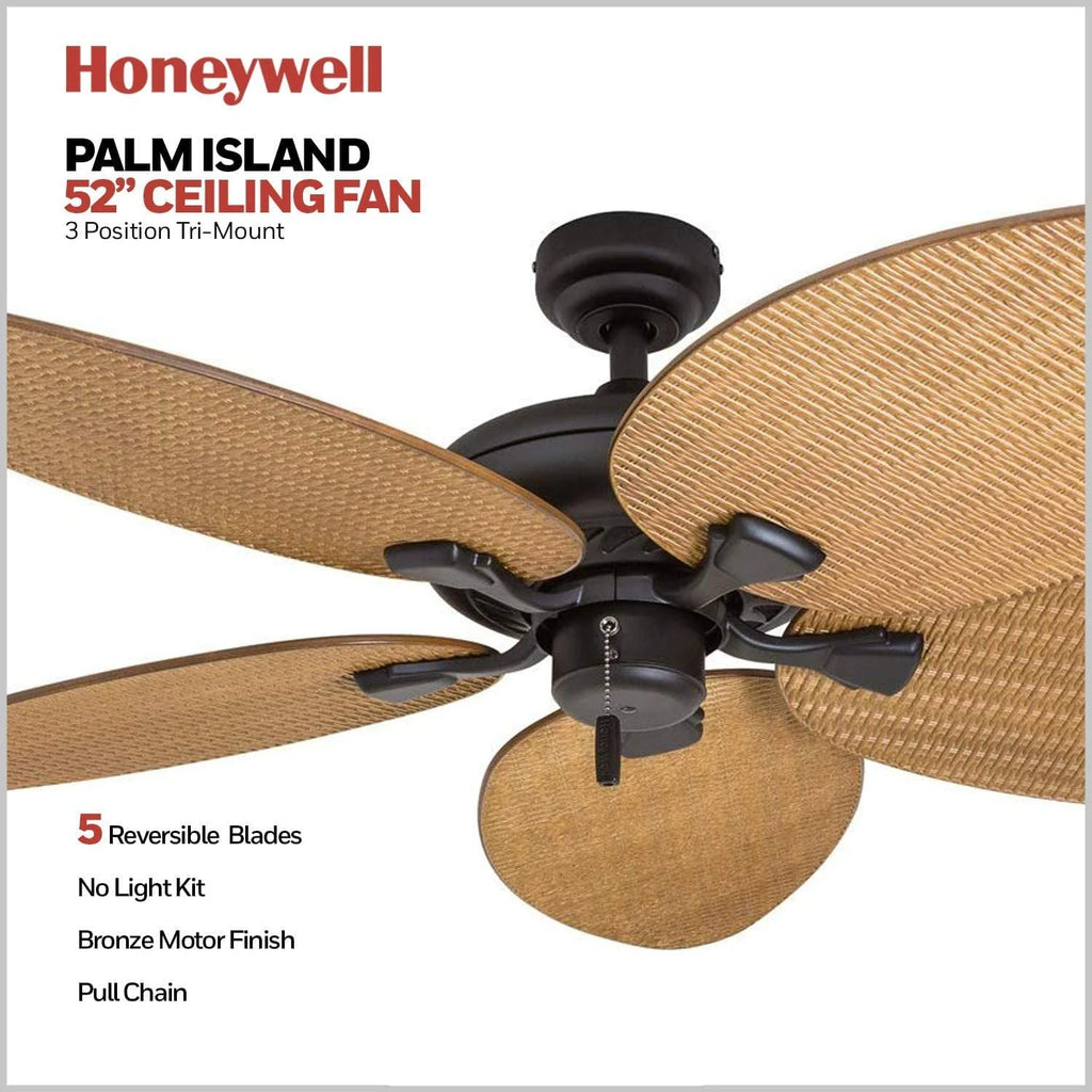 Honeywell Palm Valley 52 Bronze Tropical Ceiling Fan with 5 Palm Blades, 4 Arm Light Kit, Pull Chains & Reverse Airflow