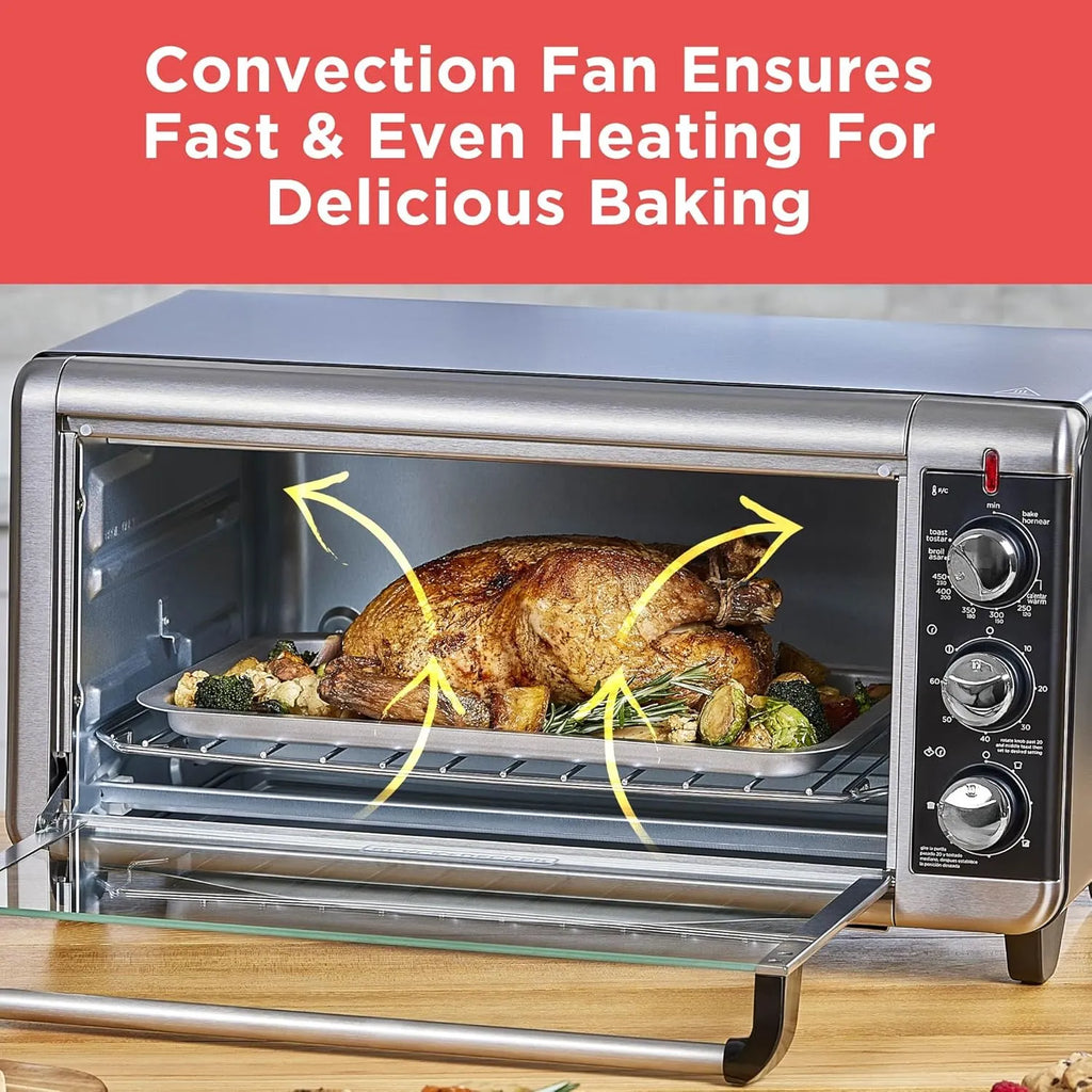 BLACK+DECKER 8-Slice Extra Wide Convection Toaster Oven, Fits 9x13 Oven Pans and 12 Pizza, Bake, Toast, Broil, and Keep Warm Functions, Countertop Compact Design with Stainless Steel Finish