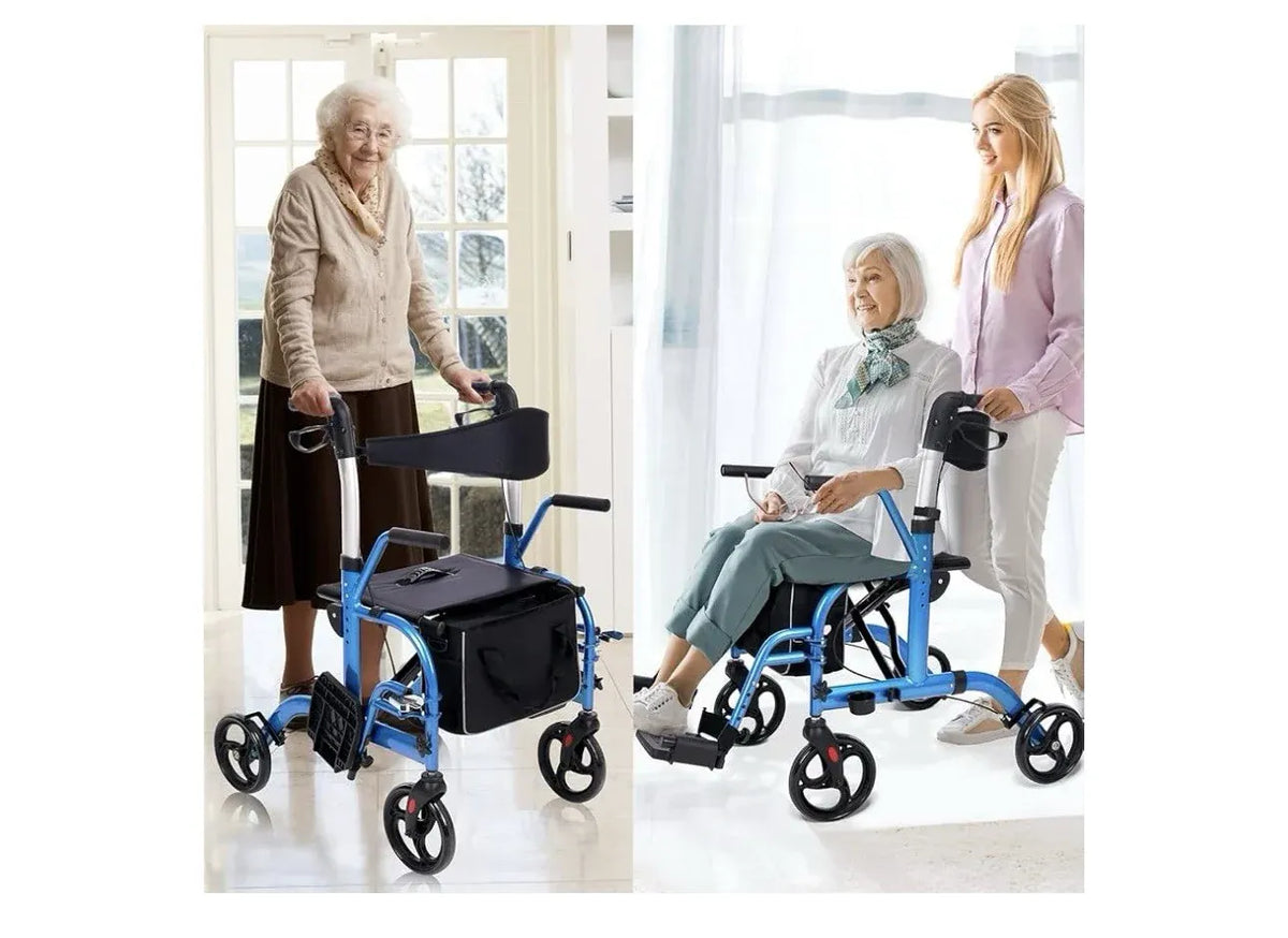 2 In 1 Rollator Walker For Seniors And Medical Transport Chair With Padded Seat