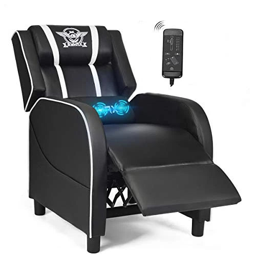 POWERSTONE Gaming Recliner Chair, Reclining Gaming Chair Ergonomic Leather Sofa with Footrest Lumbar Support Headrest and Side Pouch for Living Room Home Theater, Blue