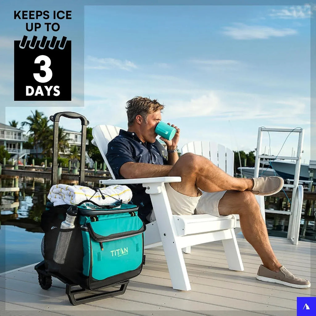 Titan Deep Freeze 60 (50+10) Can Wheeled Cooler - Collapsible Rolling Cooler with Wheels and All-Terrain Cart
