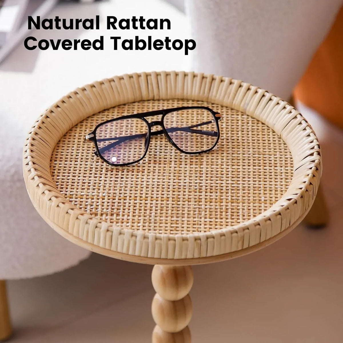 Drink Tableï1⁄4Rattan Round Small Side Table for Small Spaces, Boho Circle End Table Coffee Table with Solid Wood Leg for Living Room, Pedestal Table for Bedroom, Corners