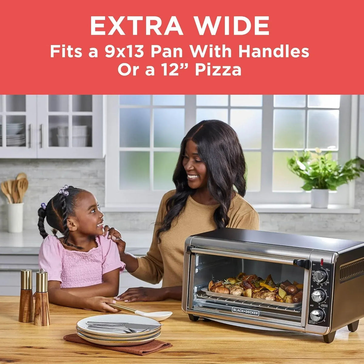 BLACK+DECKER 8-Slice Extra Wide Convection Toaster Oven, Fits 9x13 Oven Pans and 12 Pizza, Bake, Toast, Broil, and Keep Warm Functions, Countertop Compact Design with Stainless Steel Finish