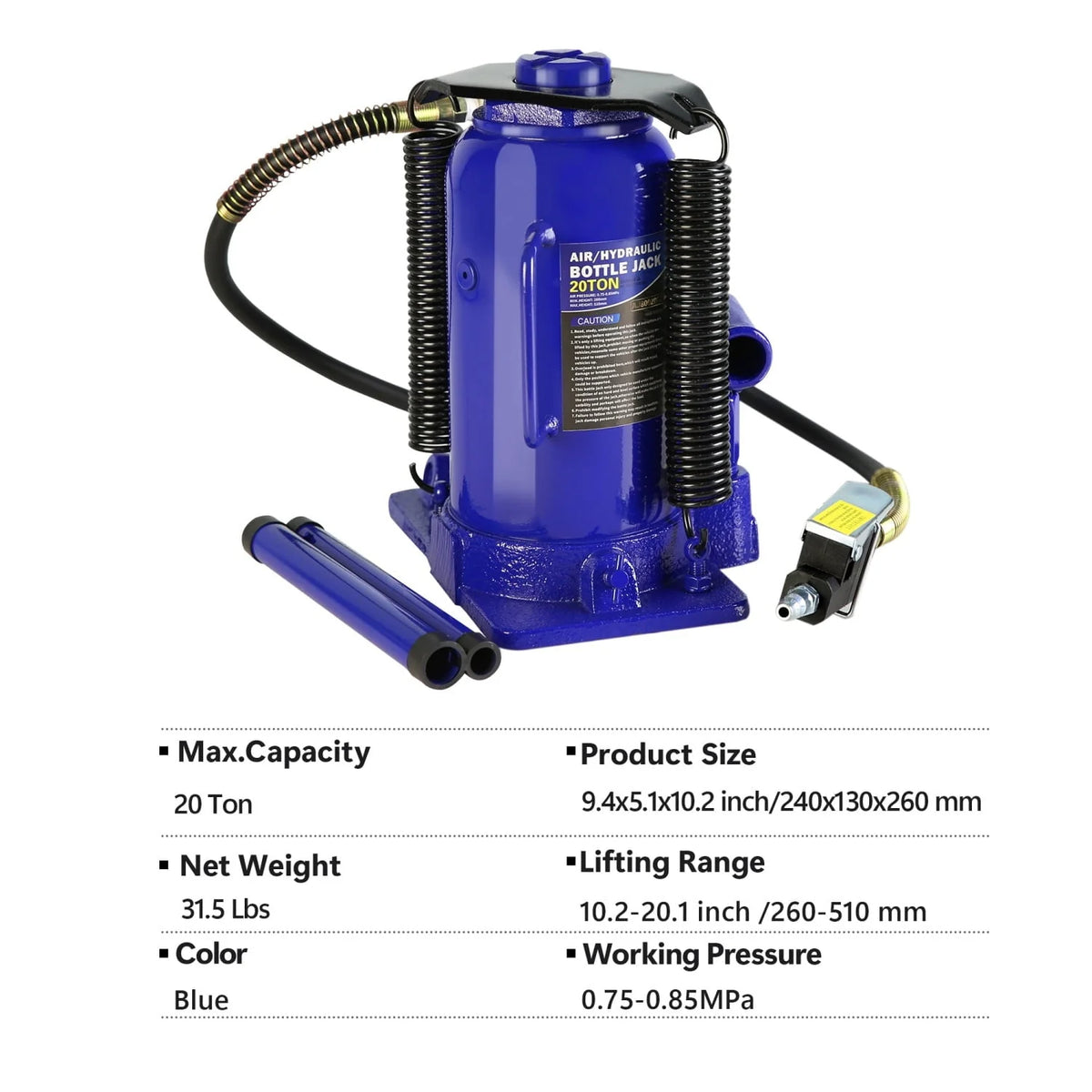 LoLado 20 Ton Pneumatic Air Hydraulic Bottle Jack with Manual Hand Pump Heavy Duty Auto Truck Travel Trailer Repair Lift