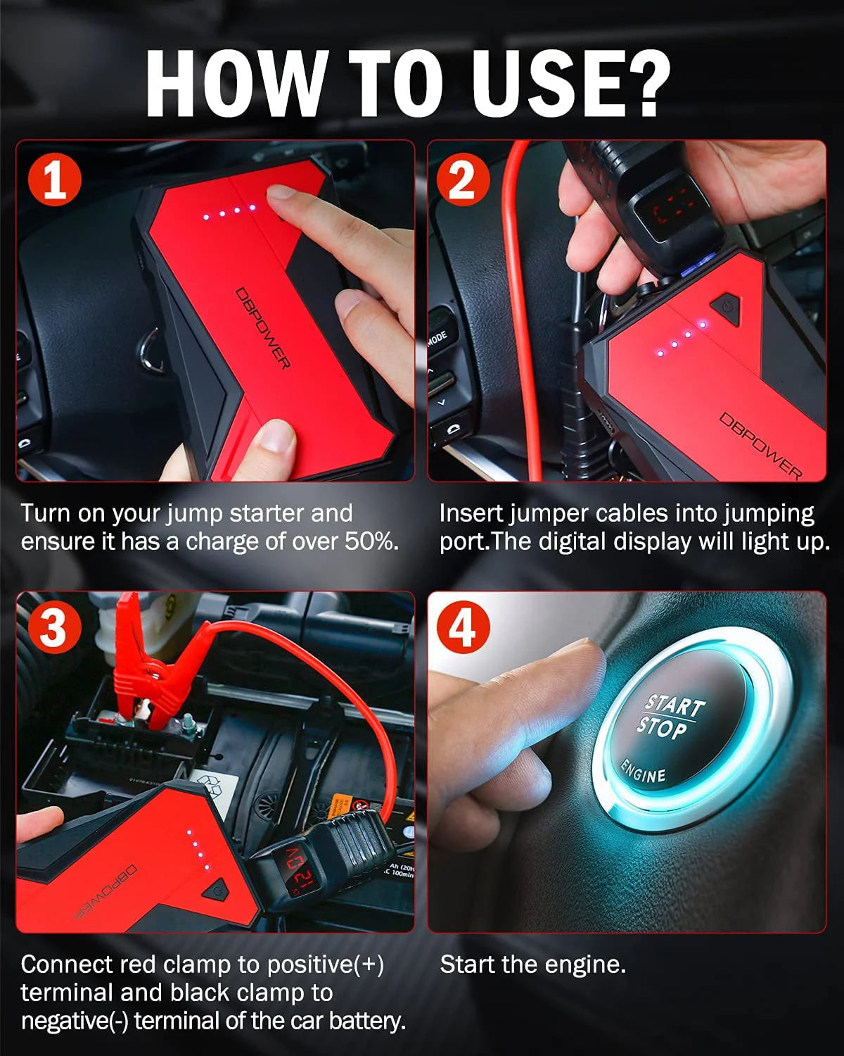 DBPOWER 1000A Portable Car Jump Starter 12V Lithium-Ion Auto Battery Booster Power Pack