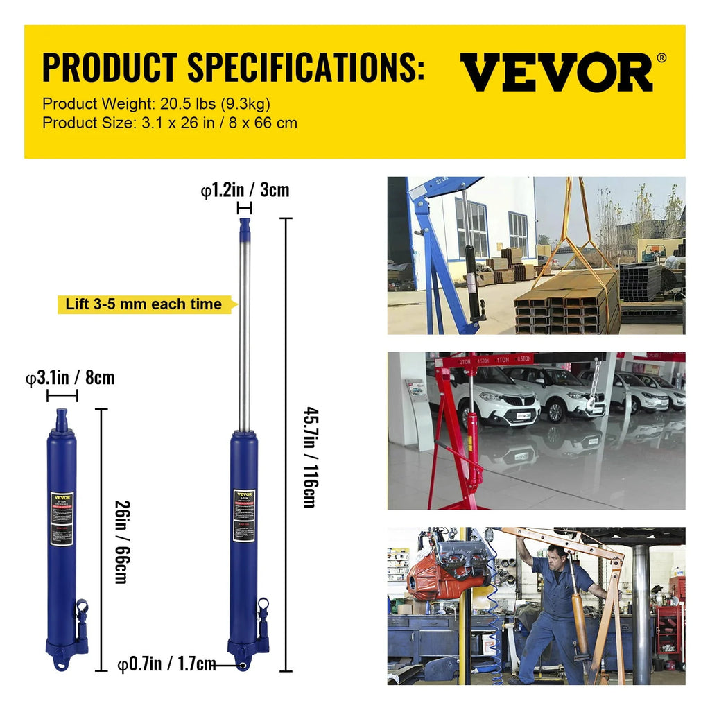 VEVOR Hydraulic Long Ram Jack, 8 Tons/17363 lbs Capacity, with Single Piston Pump and Clevis Base, Manual Cherry Picker with Handle, for Garage/Shop Cranes, Engine Lift Hoist, Blue