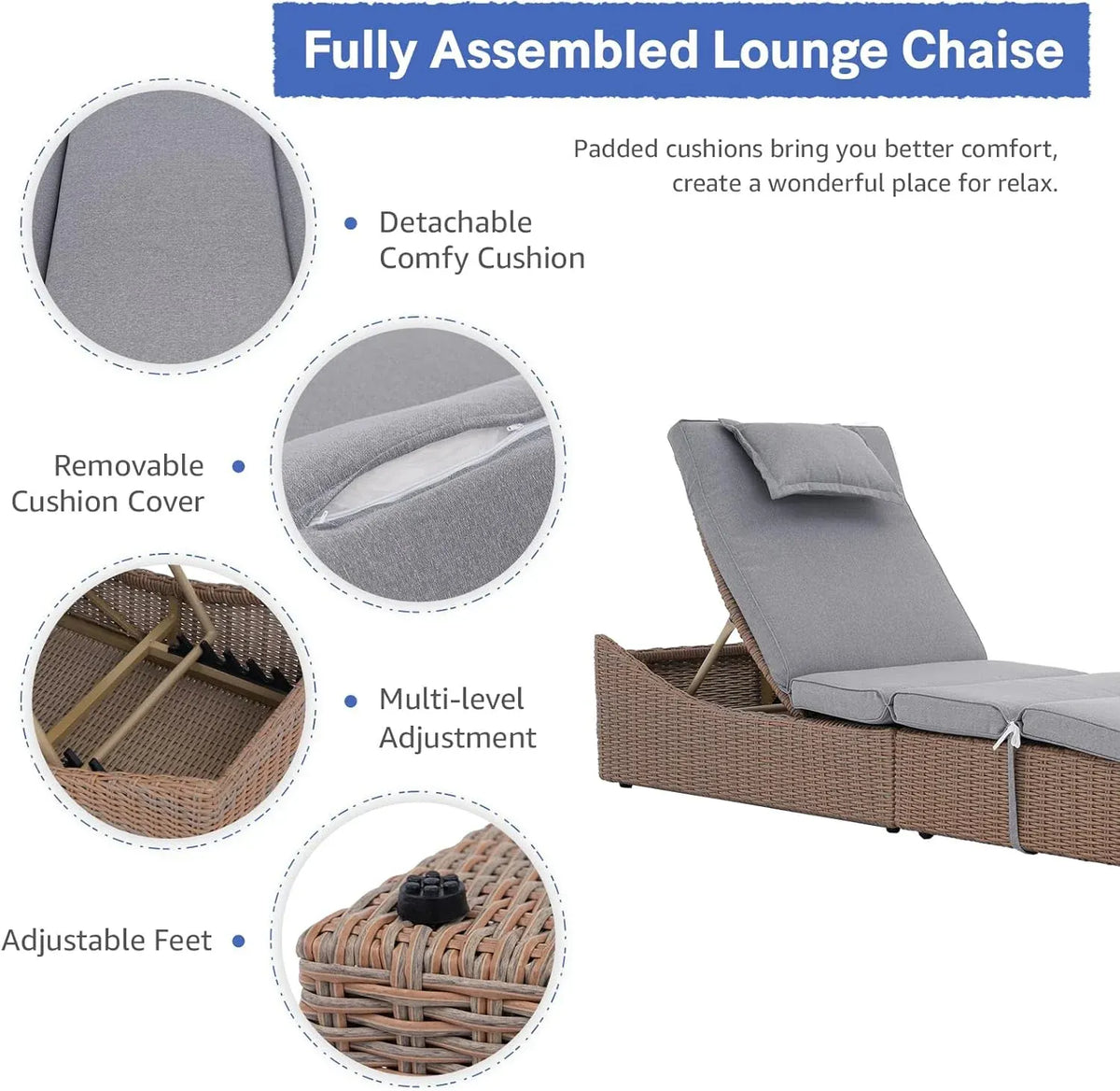 Soleil Jardin Folding Pool Lounge Chair Set of 2 Outdoor Adjustable Chaise Lounge Chair, Fully Assembled, Patio Reclining Sun Lounger, Natural Color Rattan & Gray Cushion