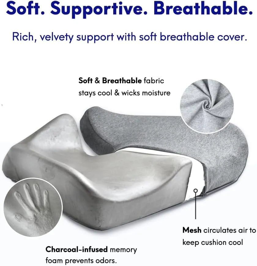 Patented Pressure Relief Seat Cushion for Long Sitting Hours on Office/Home Chair, Car, Wheelchair - Extra-Dense Memory Foam for Hip, Tailbone, Coccyx, Sciatica - Light Grey