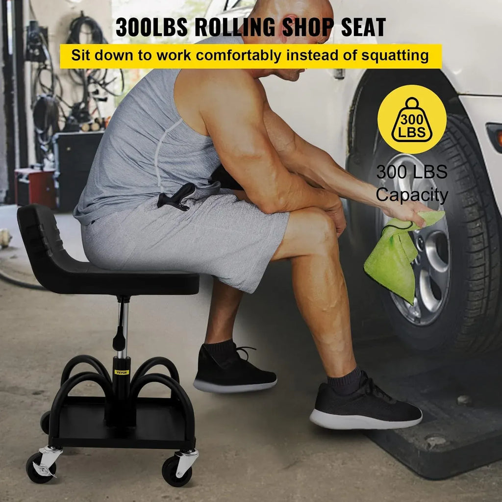 Mobile Rolling Seat, 300LBS Capacity, 15.7 to 20.5 Adjustable Height, Mechanic Rolling Stool with Swivel Wheels and Tool Tray, for Workshop, Auto Repair Shop, Black