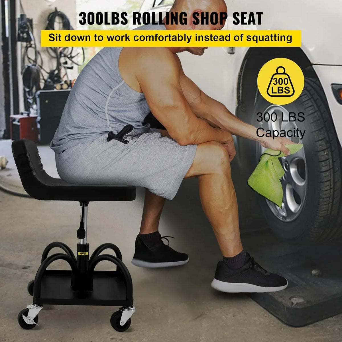 Mobile Rolling Seat, 300LBS Capacity, 15.7 to 20.5 Adjustable Height, Mechanic Rolling Stool with Swivel Wheels and Tool Tray, for Workshop, Auto Repair Shop, Black
