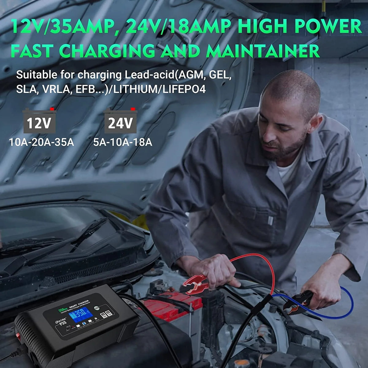 HTRC 35-Amp Smart Charger, Car Battery Charger,Trickle Charger, 12V35A/24V18A,14.6V/29.2V ,Lithium,LiFePO4,Lead-Acid AGM/Gel/SLA..Battery Charger