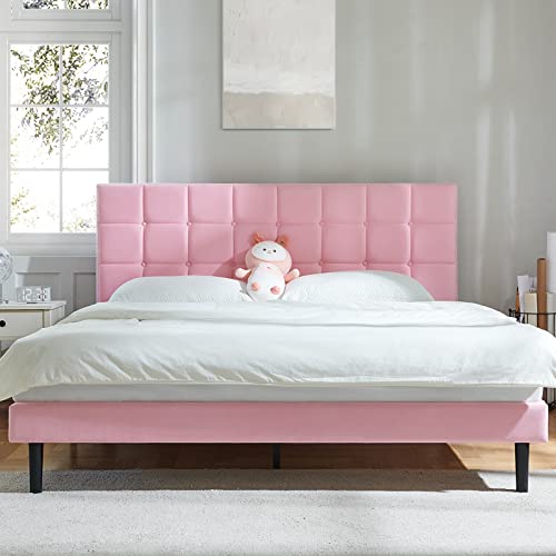 Molblly Full Bed Frame Upholstered Platform with Headboard and Strong Wooden Slats, Non-Slip and Noise-Free,No Box Spring Needed, Easy Assembly,Black