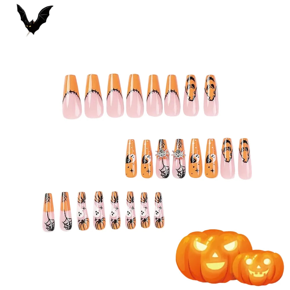24 PCS Press On False Nails Short Medium Length Full Cover Acrylic Fake Nails Almond Shaped Ballerina Nails Cute Pumpkin Bat Ghost Spider Reusable Nails Nail Salons Home DIY
