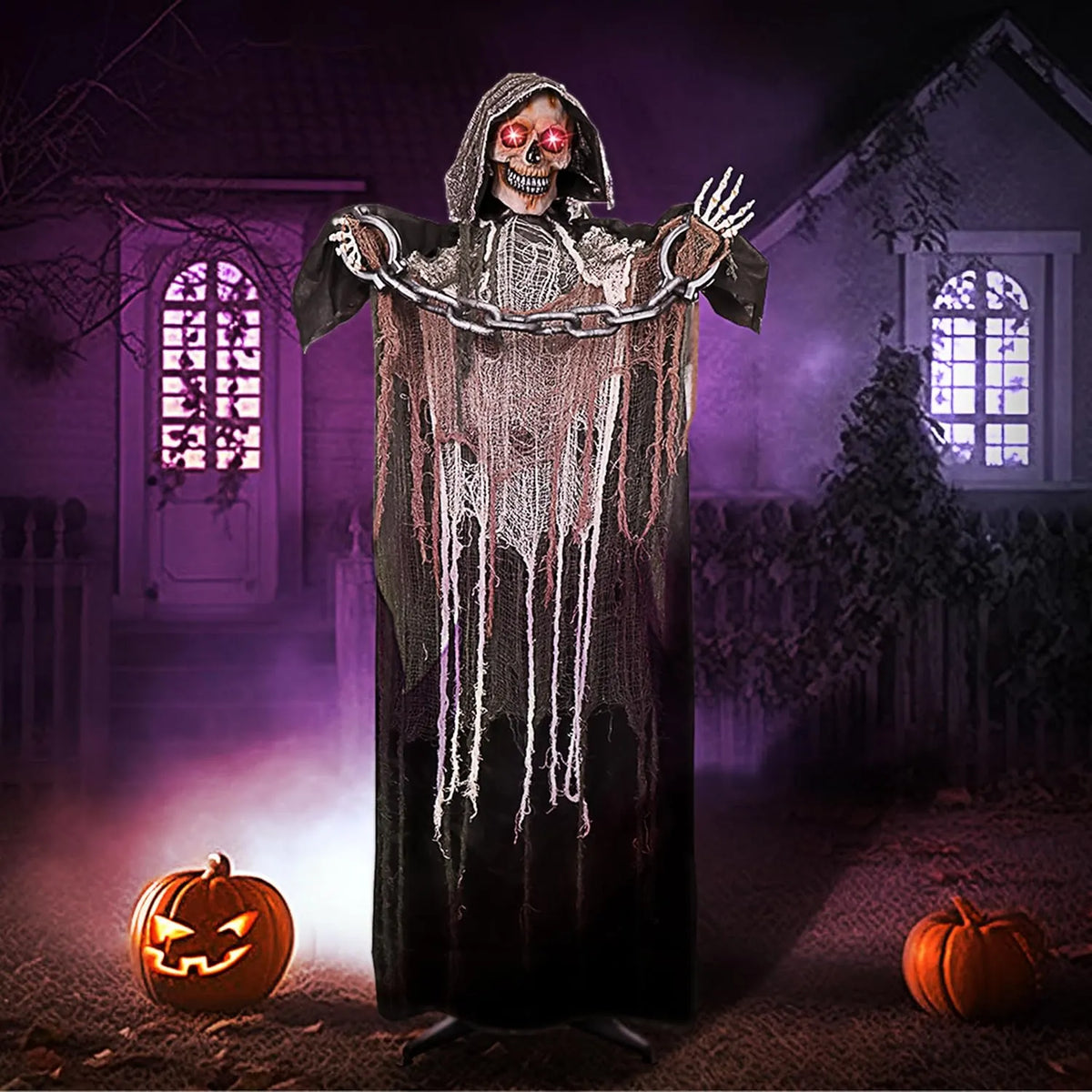 67 Halloween Decorations Outdoor Life Size Animatronics Grim Reaper with Chain, Sound-Actived Party Decor with Creepy Sound, Scary Haunted House Props for Garden Yard Lawn