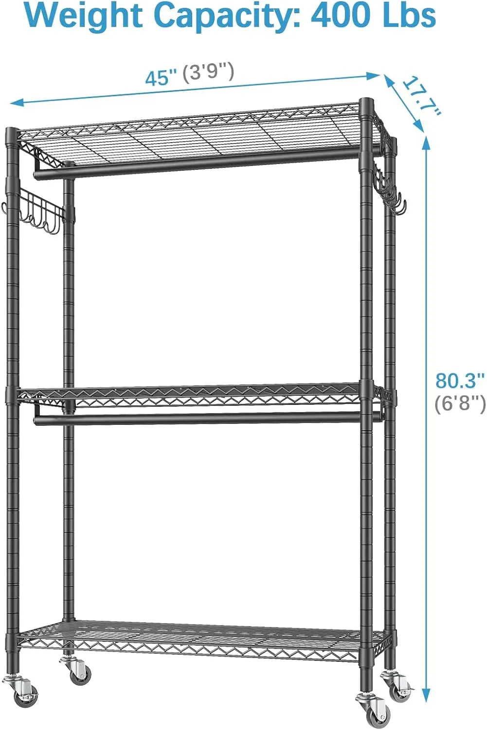 R2 Plus Heavy Duty Rolling Garment Rack 3 Tiers Adjustable Wire Shelving Clothes Rack with Double Rods and Side Hooks, Freestanding Wardrobe Storage Rack Metal Clothing Rack, Black