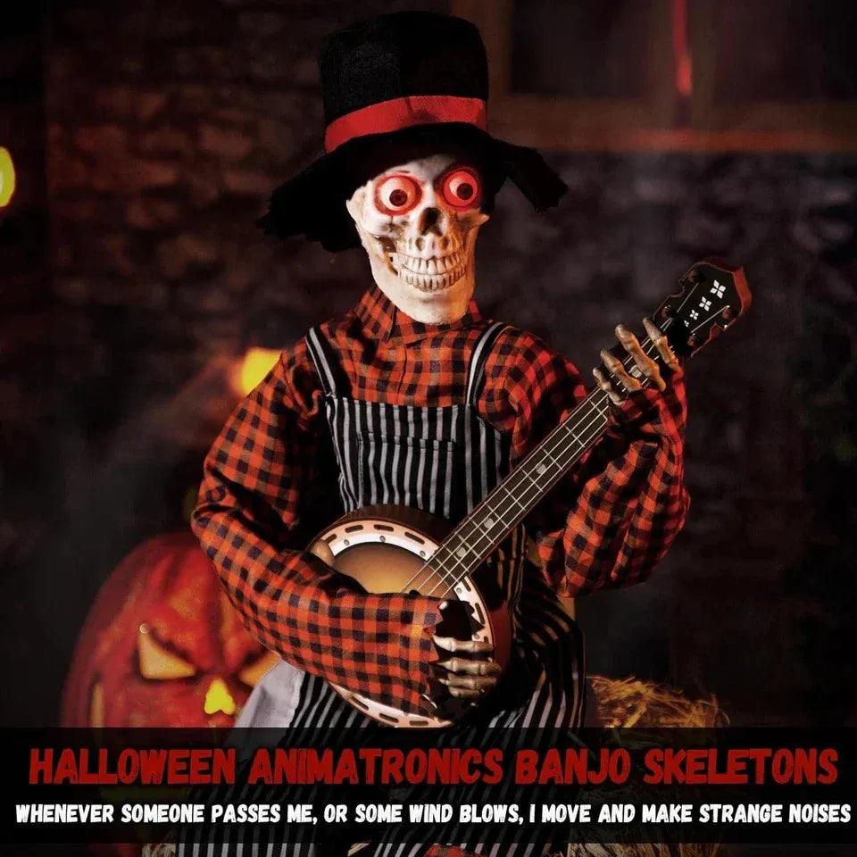 Halloween Animatronics Banjo Skeletons Decorations, Animated Skull with Sound Ac