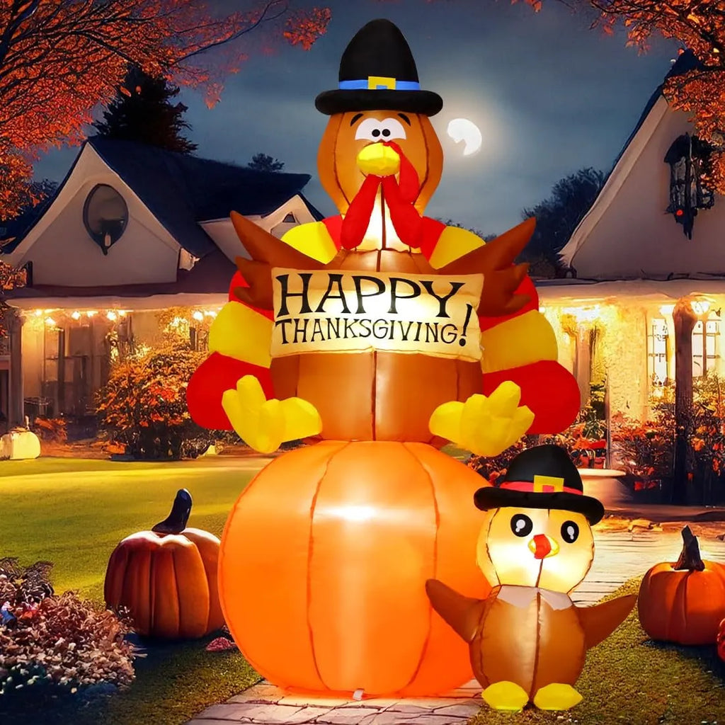 6 FT Thanksgiving Inflatables Turkey Outdoor Decorations Blow Up Yard Turkey on Pumpkin with Turkey Baby with Built-in LEDs for Indoor Party Garden Lawn Decor