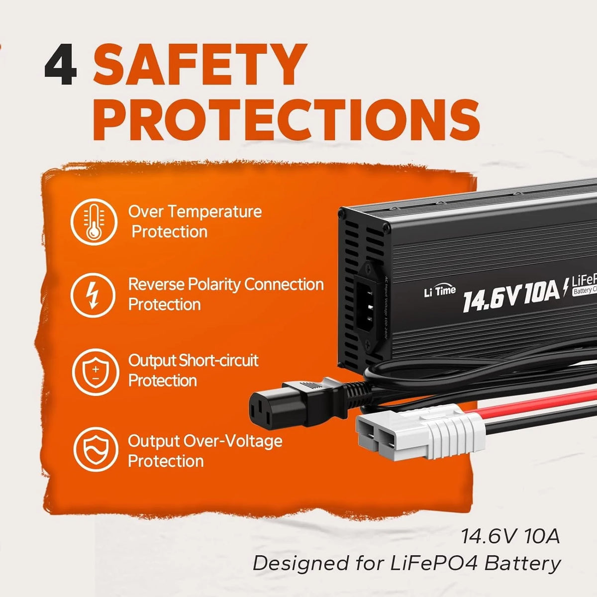 LiTime 12V 10A Battery Charger 14.6V AC-DC LiFePO4 Lithium Battery Charger with Anderson Connector LED Indicator Charger Special for Deep Cycle Rechargeable Batteries of Car, Truck, Boat, RV
