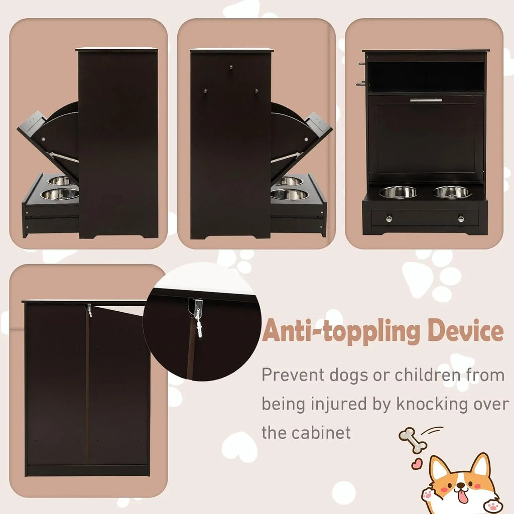 Dog Food Cabinet Feeding Station with 2 Raised Bowls, Pull Out Elevated Dog Bowl, Storage, 3 Hangers, Pet Feeder Toy Leashes Organizer, Brown