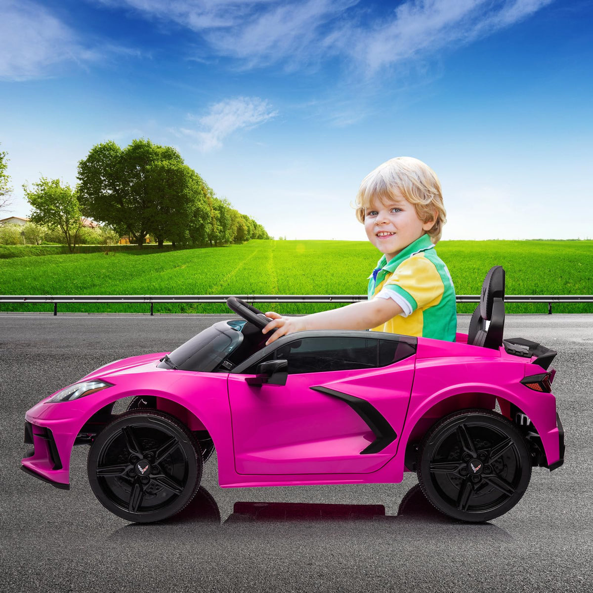 12V Kids Ride on Car Licensed Corvette Battery Powered Car Toddles Electric Sports Car Toy with Remote Control, Visual Dashboard, LED Lights, Music, Gifts for Boys Girls, Rose Red