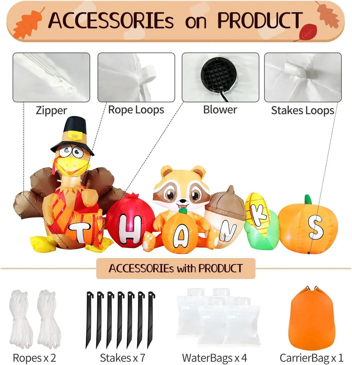 DomKom 8FT Thanksgiving Inflatable Turkey Outdoor Decor - Turkey and Vegetables Blow Up with Lights for Yard, Fun Autumns Fall Harvest Happy Thanksgiving Holiday Inflatable Decoration