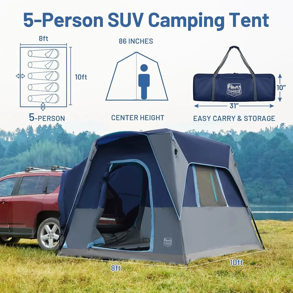 5 Person SUV Tent Weather Resistant Portable for Car SUV Van Camping, Includes Rainfly and Storage Bag, 10' W X 8' L X 7.1' H