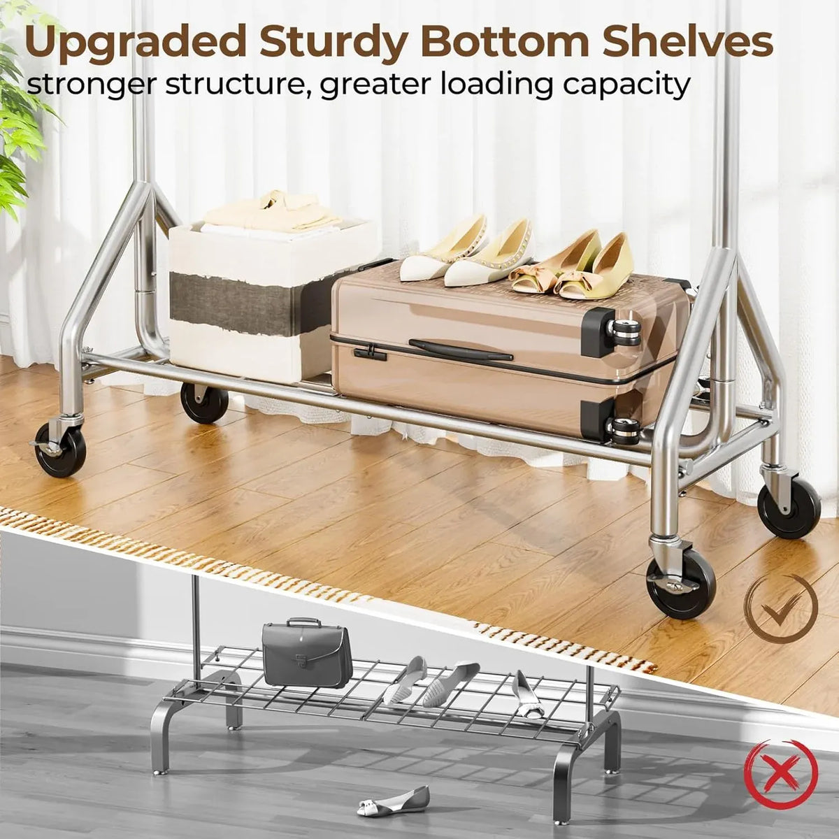 Heavy Duty Clothes Rack Load 450 LBS, Metal Garment Rack, Standing Rolling Clothing Rack for Hanging Clothes with Sturdy Wheels & Shelves, Portable Closet Wardrobe Rack,Sliver