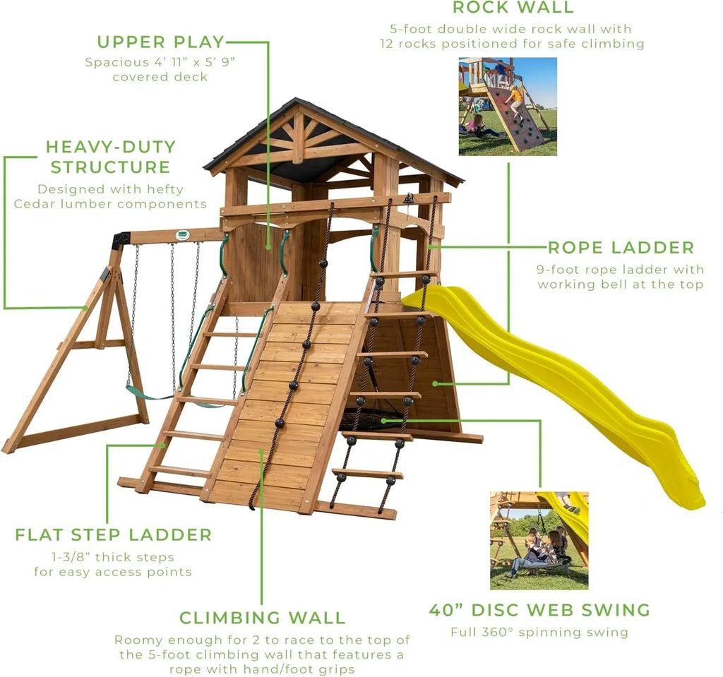 Backyard Discovery Endeavor Cedar Wood Swing Set with Wave Slide, Play Deck, Double Rock Wall, Rope Ladder, Climbing Wall, Belt Swings, 40-Inch Web Swing, Step Ladder, Toy Telescope, Outdoor Playset