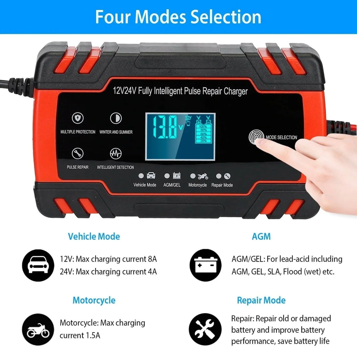 Car Battery Charger 12V 8A 24V 4A Smart Automatic Battery Charger with LCD Display