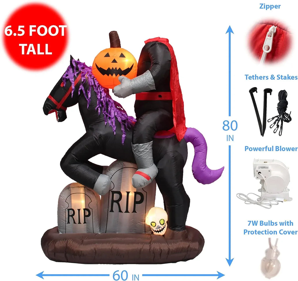 6.5 Foot Tall Lighted Halloween Inflatable Headless Horseman with Horse Tombstones Skull and Pumpkin Lights