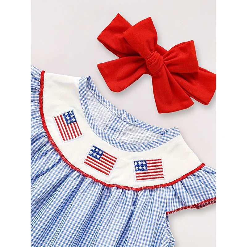 Baby Girls 4th Of July Dress Gingham American Flag White Blue Color Block Independence Day Dresses