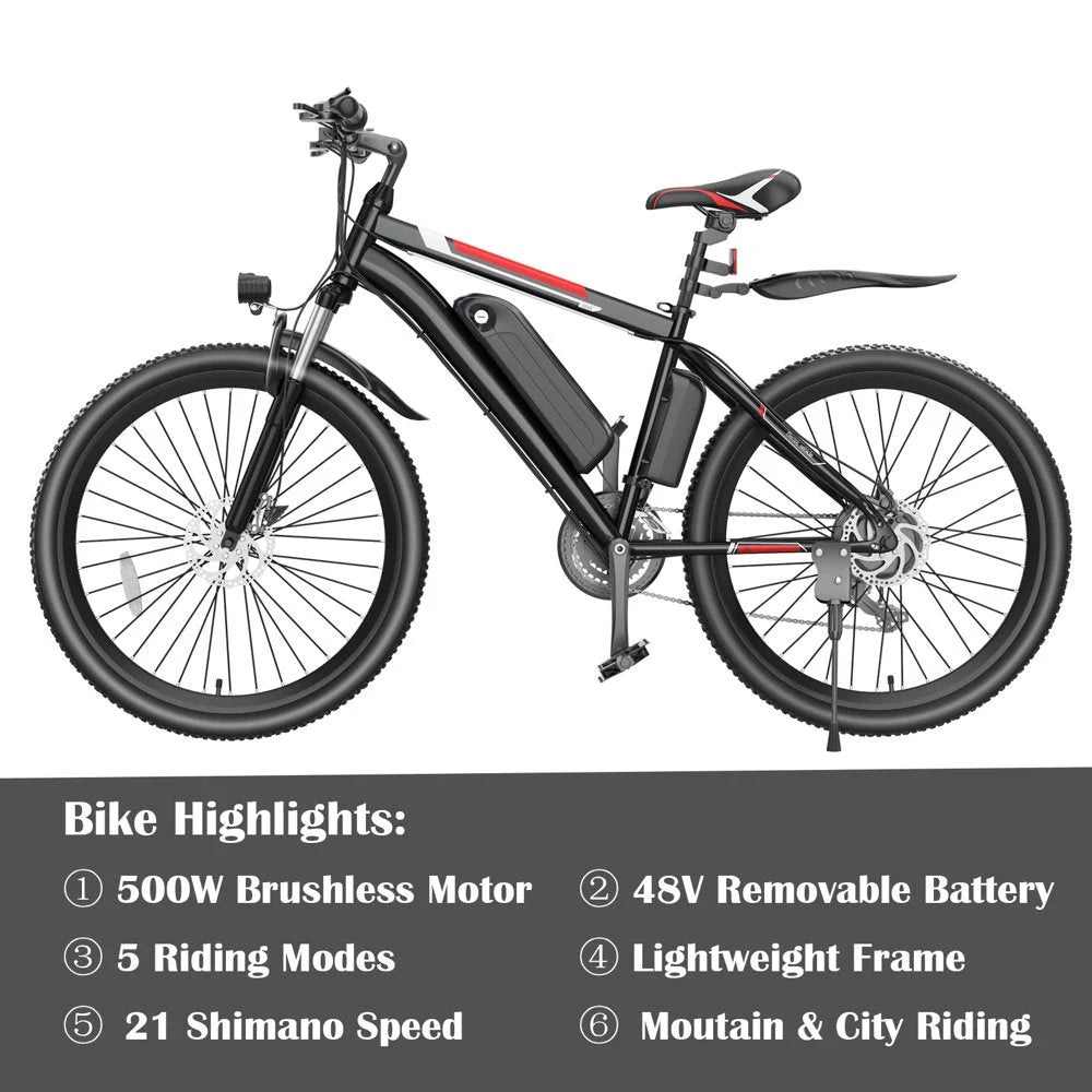 500W Electric Bike 26 Electric Bicycle for Adults with Cruise Control System Ebike