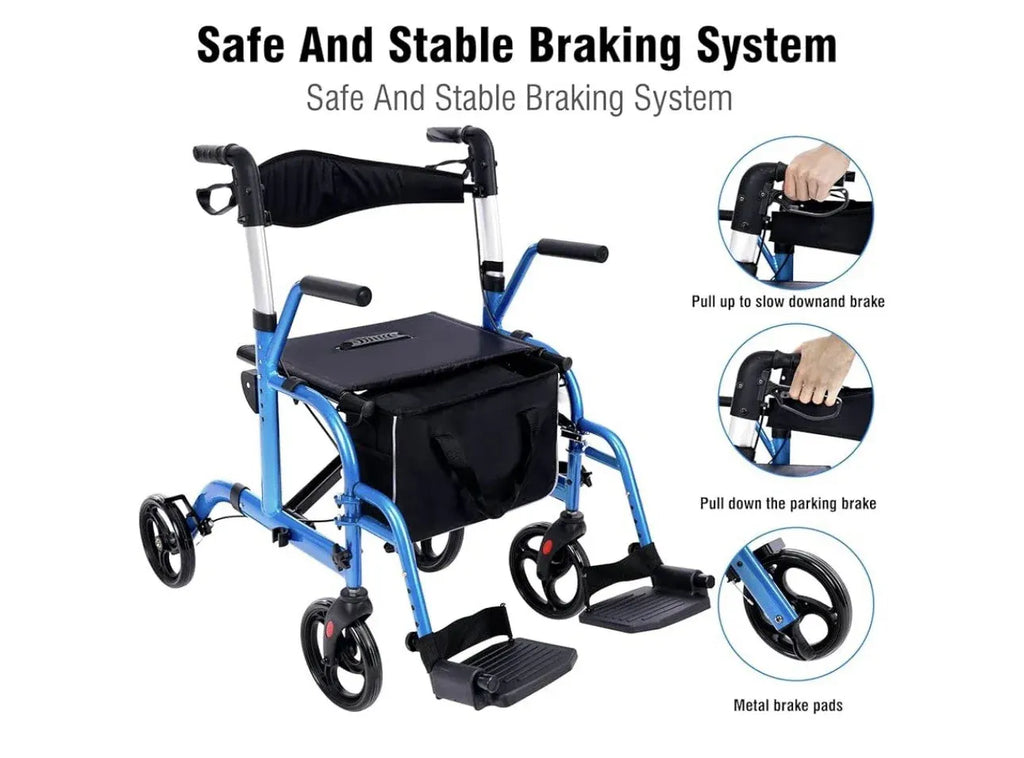 2 In 1 Rollator Walker For Seniors And Medical Transport Chair With Padded Seat
