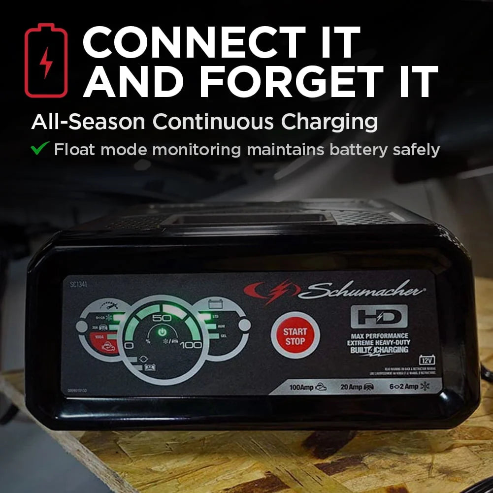 Schumacher Fully Automatic Battery Charger, Engine Starter, Maintainer and Auto Desulfator- 100 Amp/20 Amp, 12V
