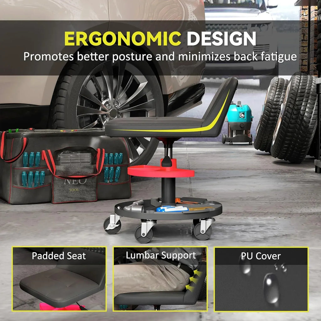 Rolling Mechanic Stool, 300 LBS Capacity Pneumatic Creeper Garage Stool with 360° Wheels, Backrest, Heavy Duty Roller Seat Padded Shop Chair with Tool Tray Storage, Adjustable Height, Black